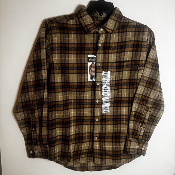 New Eddie Bauer Men's Small Bristol Flannel Cotton Khaki Plaid Shirt Fall NWT - Picture 3 of 14